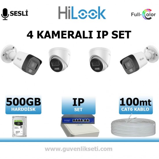Hilook 2MP 4 kameralı gece renkli sesli IP kamera sistemi NVR seti